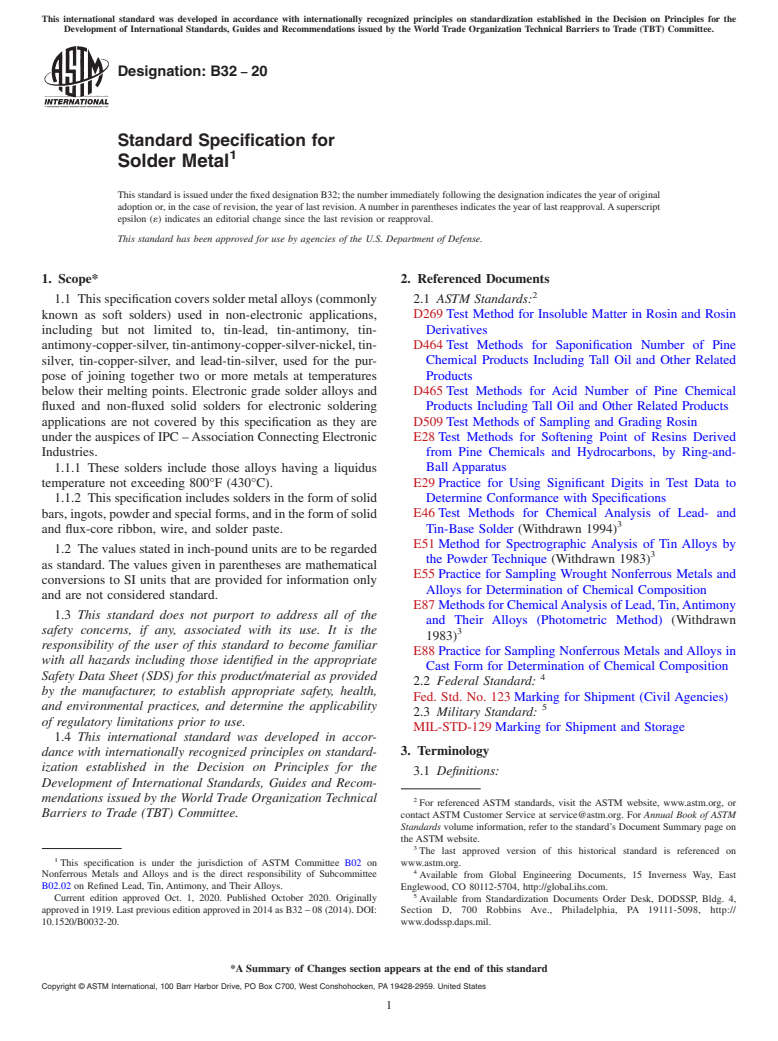 ASTM B32-20 - Standard Specification for Solder Metal