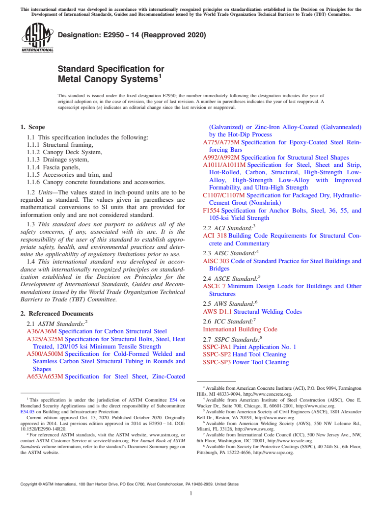 ASTM E2950-14(2020) - Standard Specification for Metal Canopy Systems