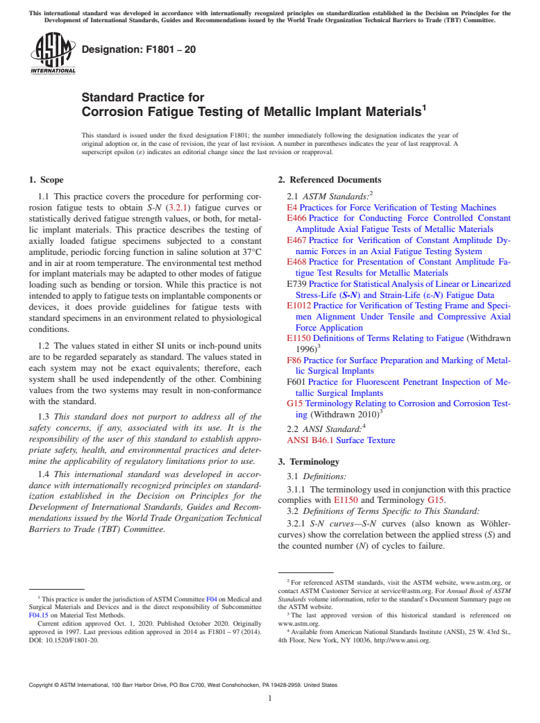 ASTM F1801-20 - Standard Practice for Corrosion Fatigue Testing of Metallic Implant Materials