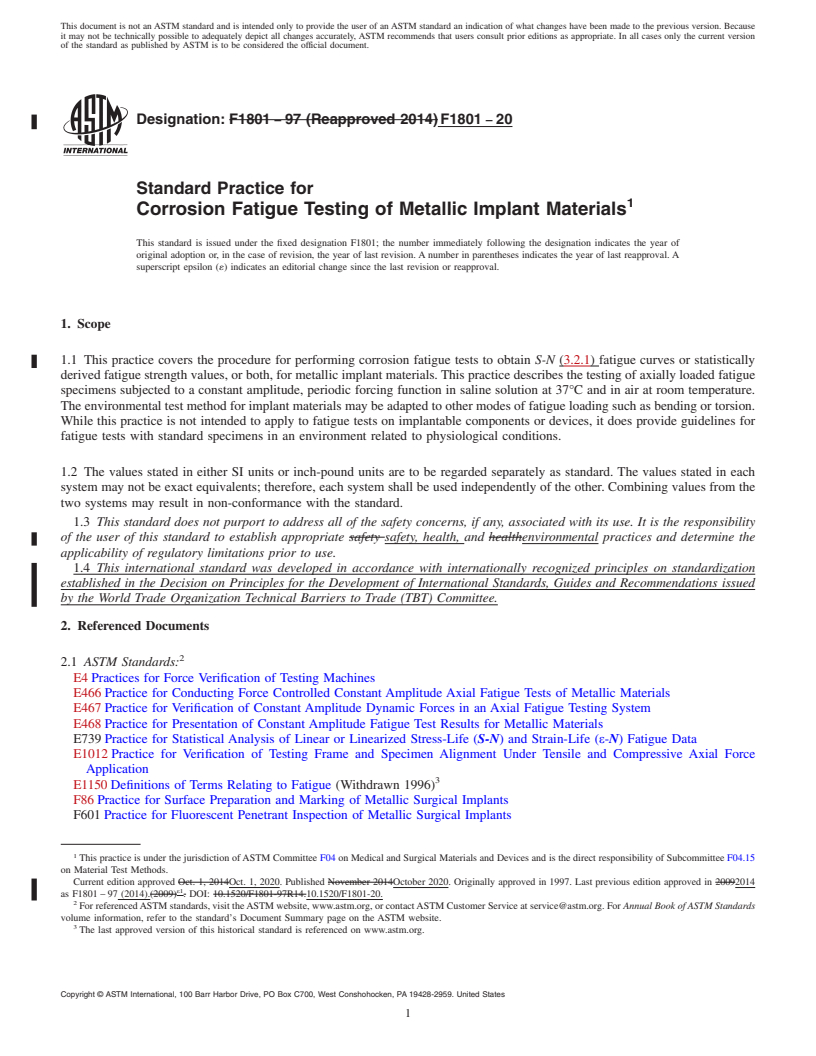 REDLINE ASTM F1801-20 - Standard Practice for Corrosion Fatigue Testing of Metallic Implant Materials