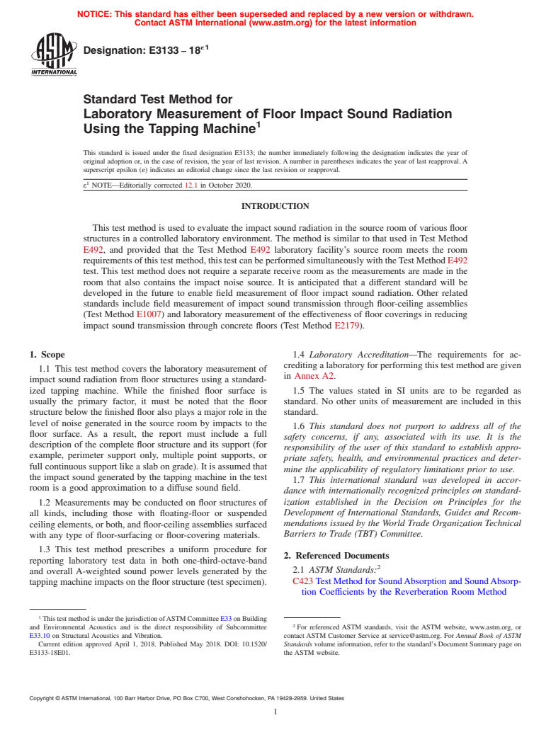 ASTM E3133-18e1 - Standard Test Method for Laboratory Measurement of Floor Impact Sound Radiation Using  the Tapping Machine (Withdrawn 2023)