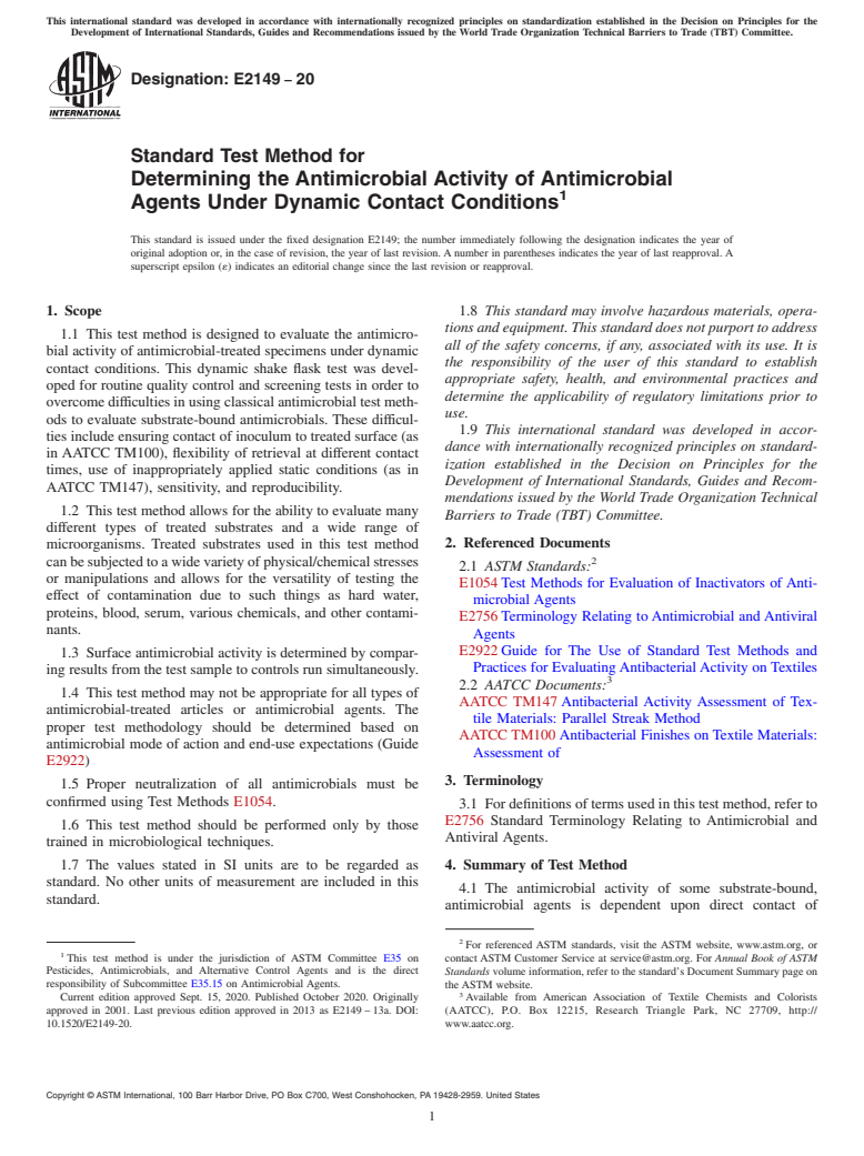 ASTM E2149-20 - Standard Test Method for  Determining the Antimicrobial Activity of Antimicrobial Agents  Under Dynamic Contact Conditions