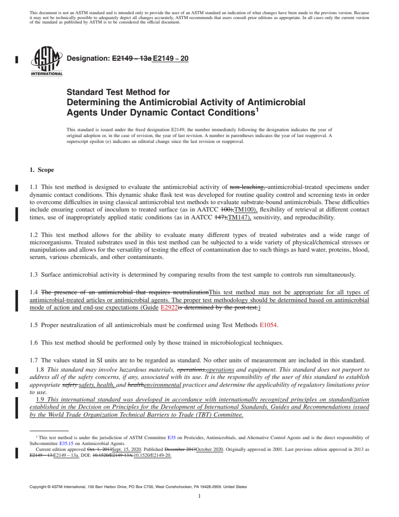 REDLINE ASTM E2149-20 - Standard Test Method for  Determining the Antimicrobial Activity of Antimicrobial Agents  Under Dynamic Contact Conditions