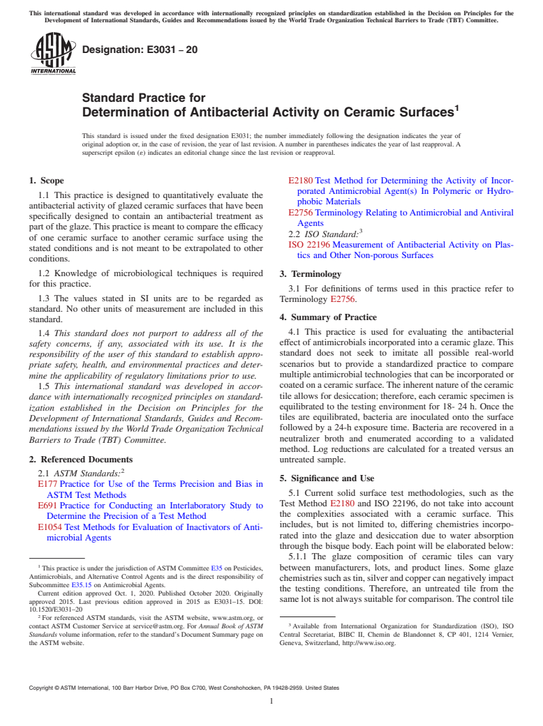 ASTM E3031-20 - Standard Practice for Determination of Antibacterial Activity on Ceramic Surfaces