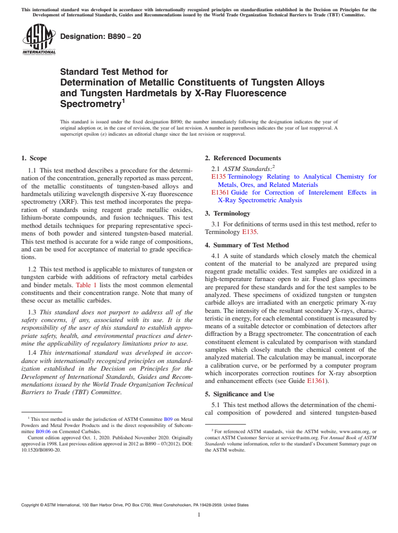 ASTM B890-20 - Standard Test Method for  Determination of Metallic Constituents of Tungsten Alloys and  Tungsten Hardmetals by X-Ray Fluorescence Spectrometry