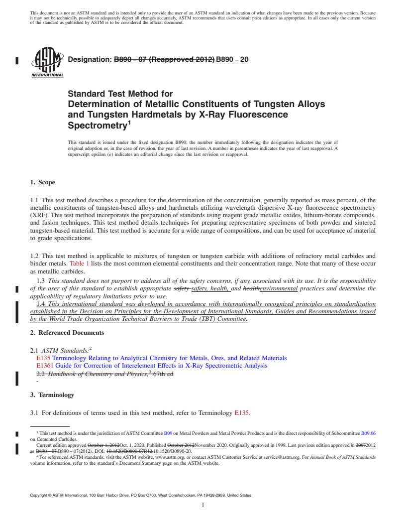 REDLINE ASTM B890-20 - Standard Test Method for  Determination of Metallic Constituents of Tungsten Alloys and  Tungsten Hardmetals by X-Ray Fluorescence Spectrometry