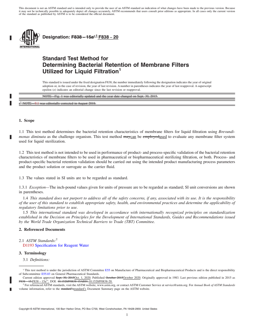 REDLINE ASTM F838-20 - Standard Test Method for  Determining Bacterial Retention of Membrane Filters Utilized  for Liquid Filtration