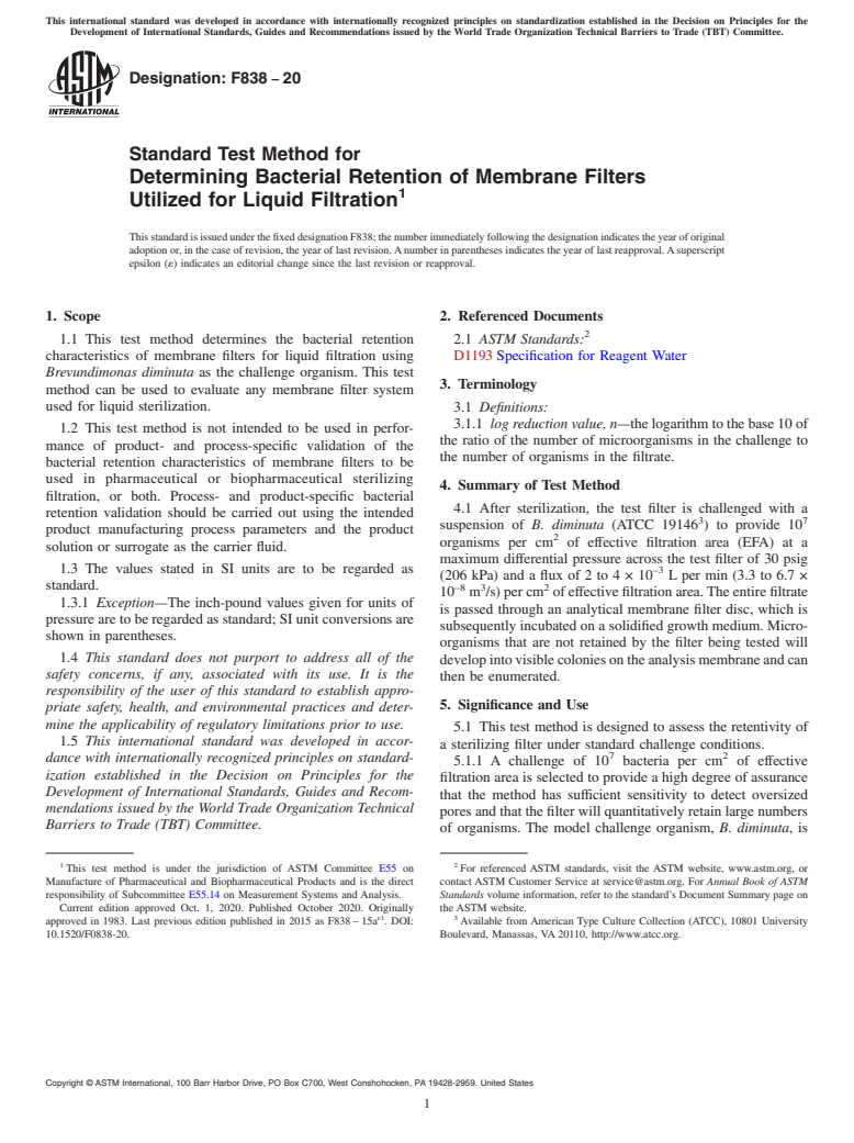 ASTM F838-20 - Standard Test Method for  Determining Bacterial Retention of Membrane Filters Utilized  for Liquid Filtration