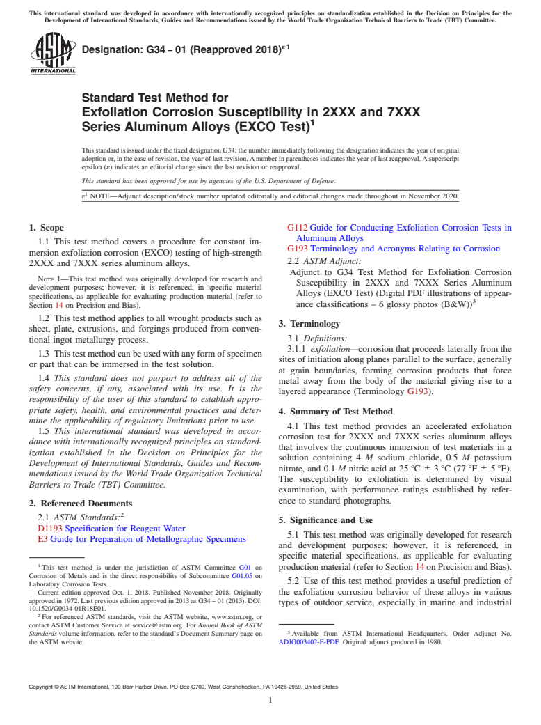 ASTM G34-01(2018)e1 - Standard Test Method for Exfoliation Corrosion Susceptibility in 2XXX and 7XXX Series  Aluminum Alloys (EXCO Test)