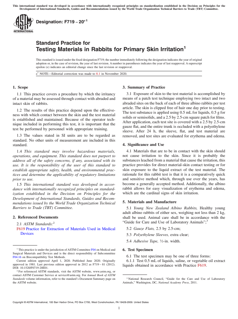 ASTM F719-20e1 - Standard Practice for  Testing Materials in Rabbits for Primary Skin Irritation
