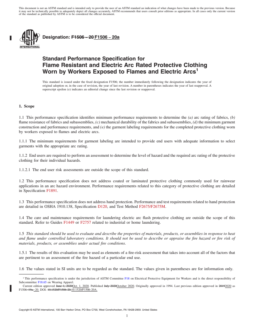 REDLINE ASTM F1506-20a - Standard Performance Specification for  Flame Resistant and Electric Arc Rated Protective Clothing  Worn by Workers Exposed to Flames and Electric Arcs