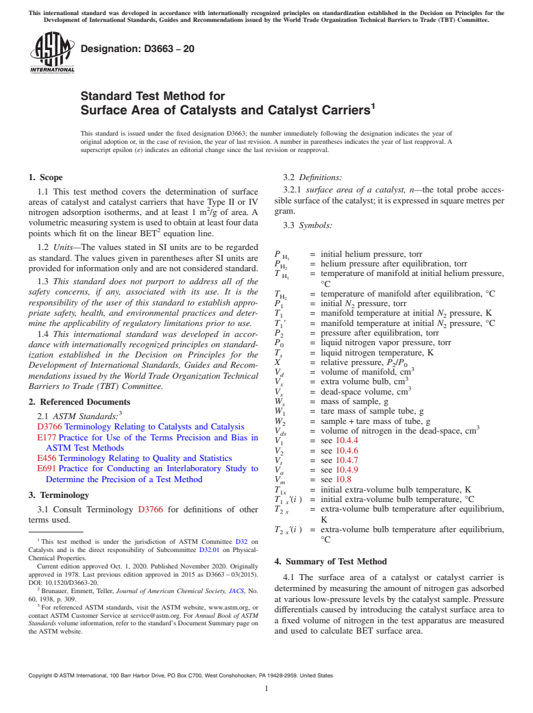 ASTM D3663-20 - Standard Test Method for  Surface Area of Catalysts and Catalyst Carriers