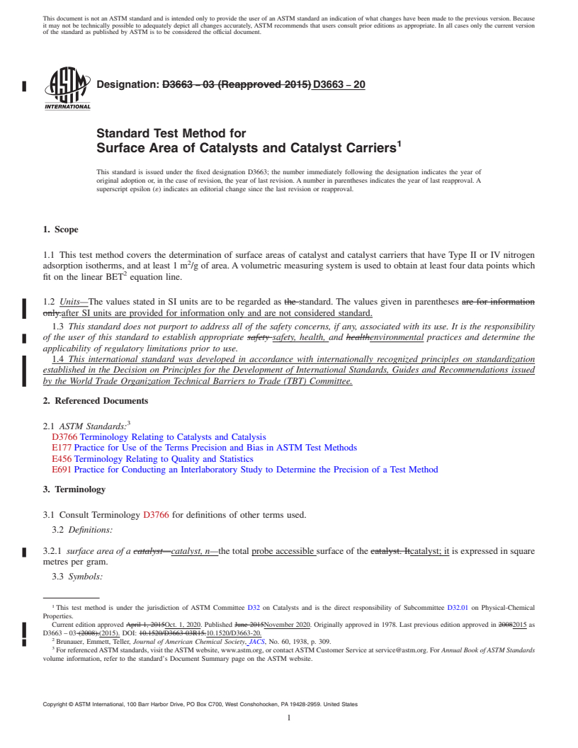 REDLINE ASTM D3663-20 - Standard Test Method for  Surface Area of Catalysts and Catalyst Carriers