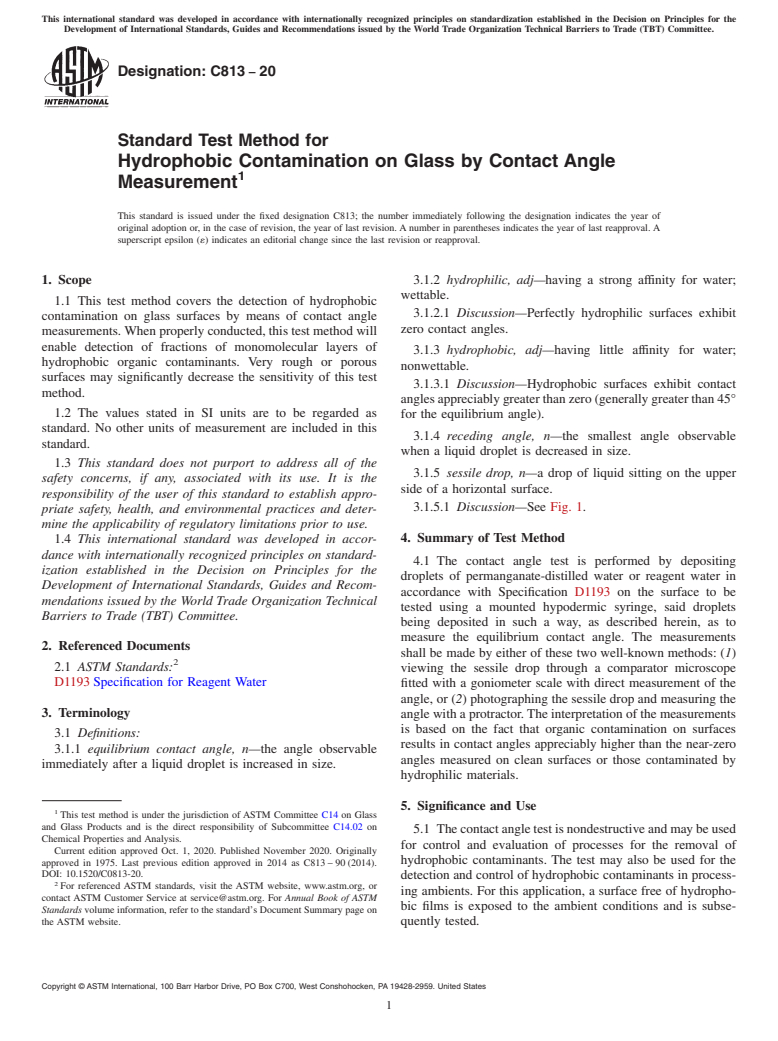 ASTM C813-20 - Standard Test Method for  Hydrophobic Contamination on Glass by Contact Angle Measurement