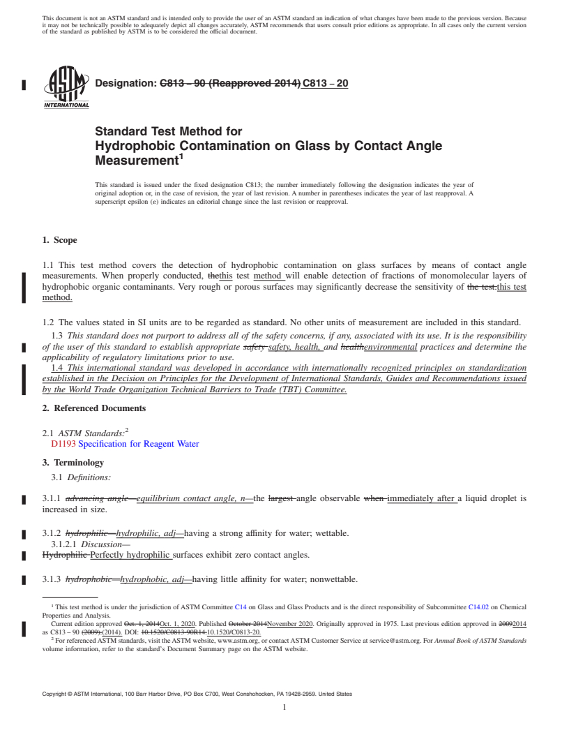 REDLINE ASTM C813-20 - Standard Test Method for  Hydrophobic Contamination on Glass by Contact Angle Measurement