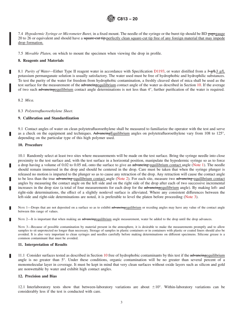 REDLINE ASTM C813-20 - Standard Test Method for  Hydrophobic Contamination on Glass by Contact Angle Measurement