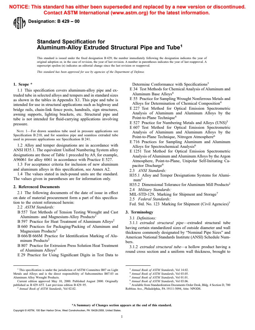 ASTM B429-00 - Standard Specification for Aluminum-Alloy Extruded Structural Pipe and Tube