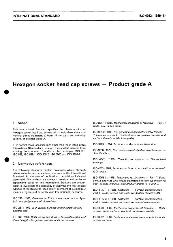 ISO 4762:1989 - Hexagon socket head cap screws -- Product grade A