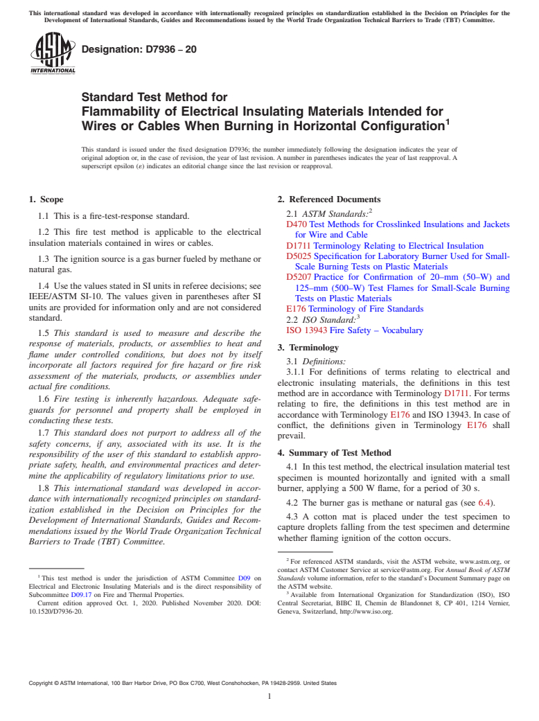 ASTM D7936-20 - Standard Test Method for Flammability of Electrical Insulating Materials Intended for  Wires or Cables When Burning in Horizontal Configuration