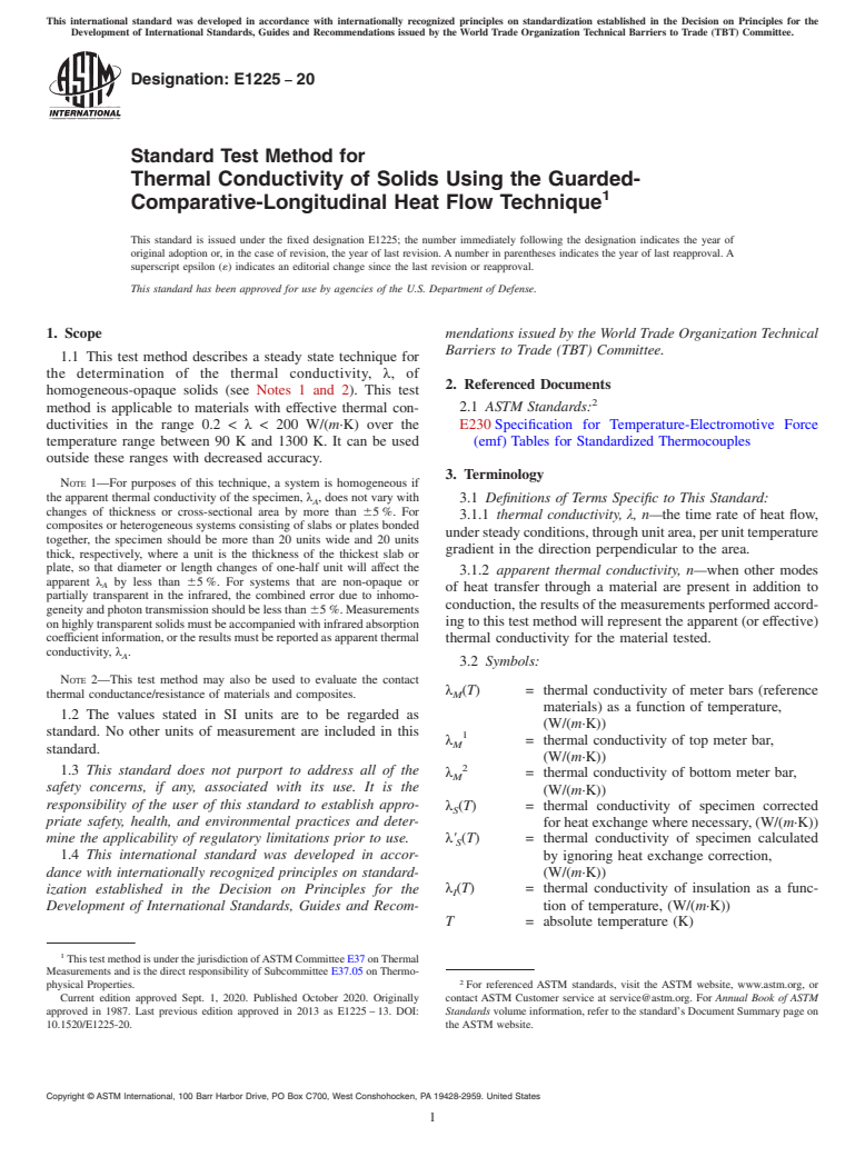 ASTM E1225-20 - Standard Test Method for  Thermal Conductivity of Solids Using the Guarded-Comparative-Longitudinal  Heat Flow Technique