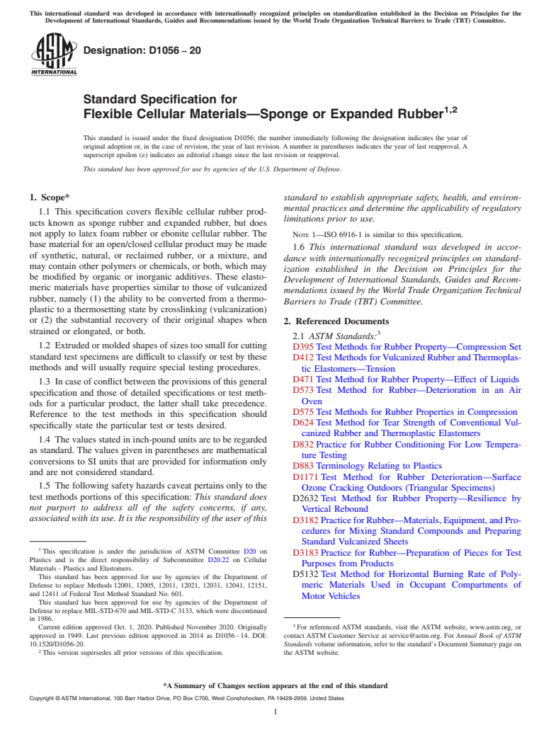 ASTM D1056-20 - Standard Specification for  Flexible Cellular Materials&#x2014;Sponge or Expanded Rubber