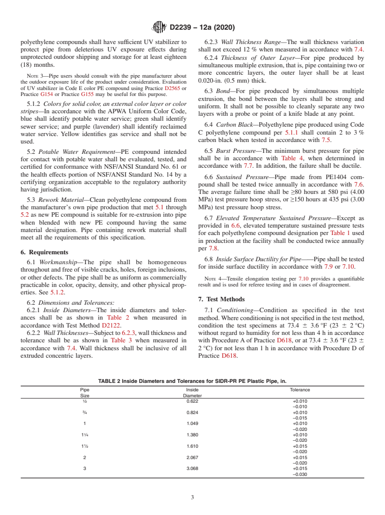 ASTM D2239-12a(2020) - Standard Specification for  Polyethylene (PE) Plastic Pipe (SIDR-PR) Based on Controlled   Inside Diameter