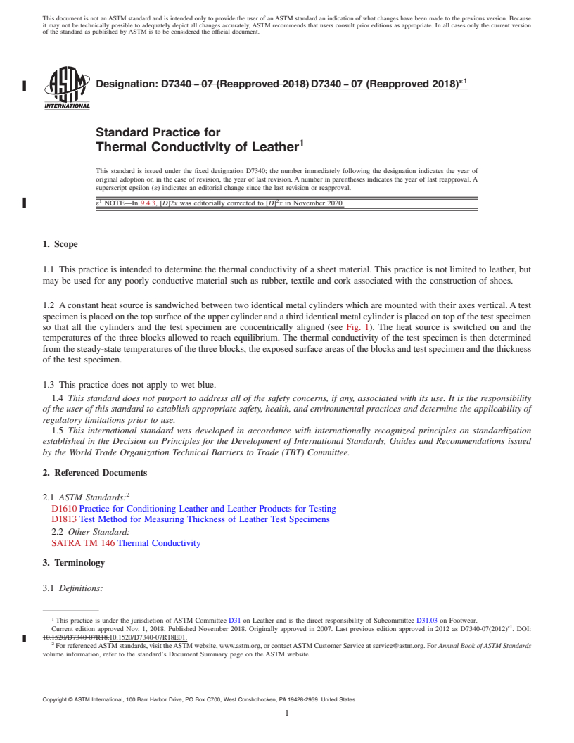 REDLINE ASTM D7340-07(2018)e1 - Standard Practice for  Thermal Conductivity of Leather