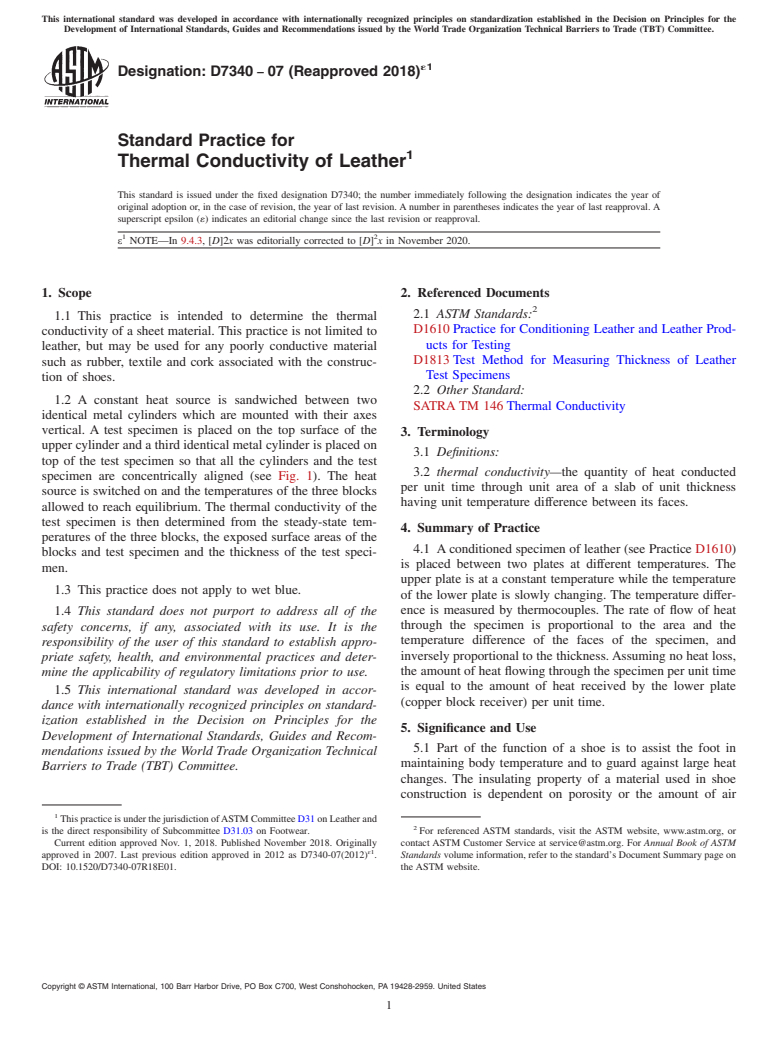 ASTM D7340-07(2018)e1 - Standard Practice for  Thermal Conductivity of Leather