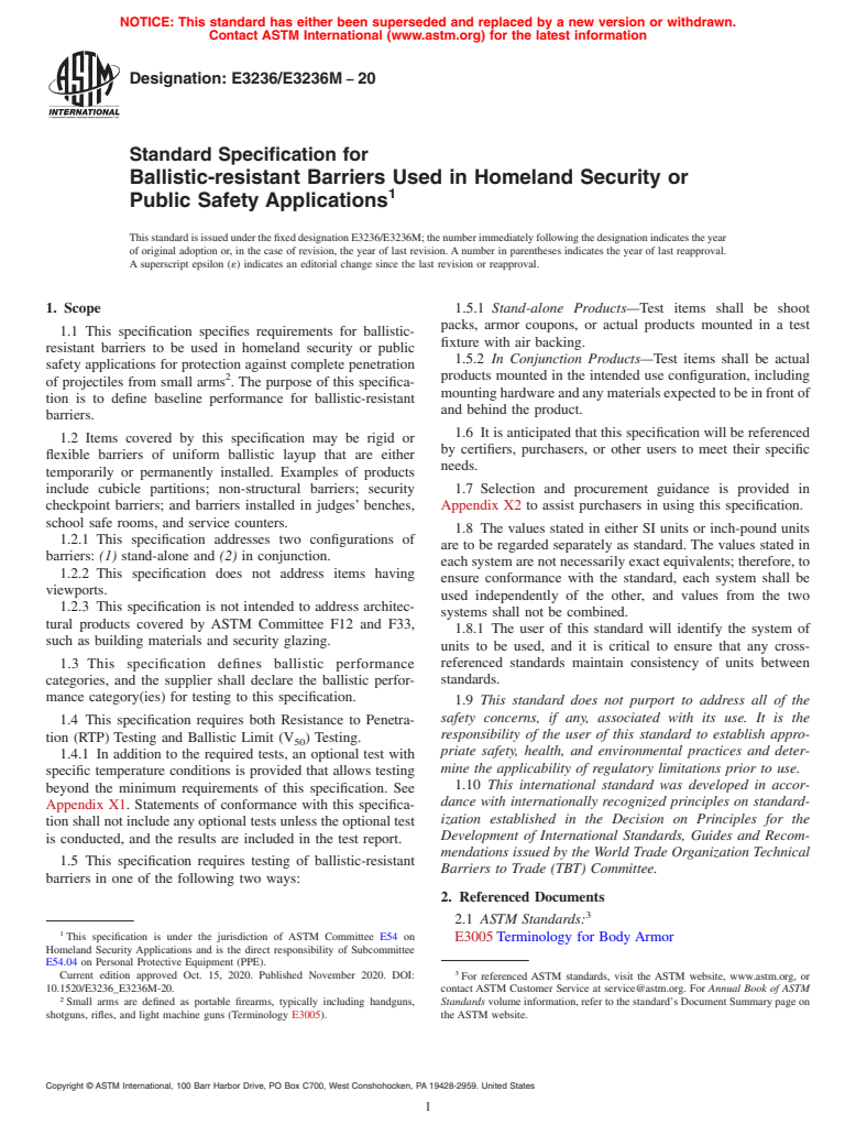 ASTM E3236/E3236M-20 - Standard Specification for Ballistic-resistant Barriers Used in Homeland Security or Public  Safety Applications