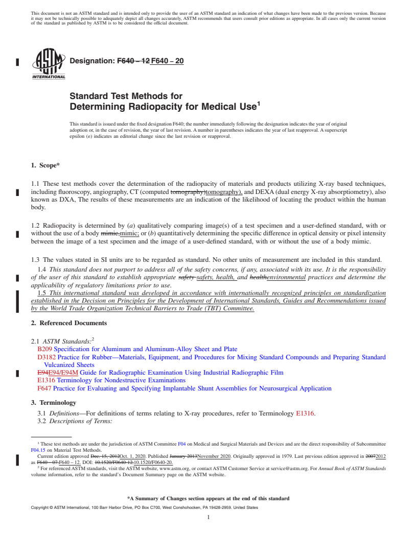 REDLINE ASTM F640-20 - Standard Test Methods for Determining Radiopacity for Medical Use