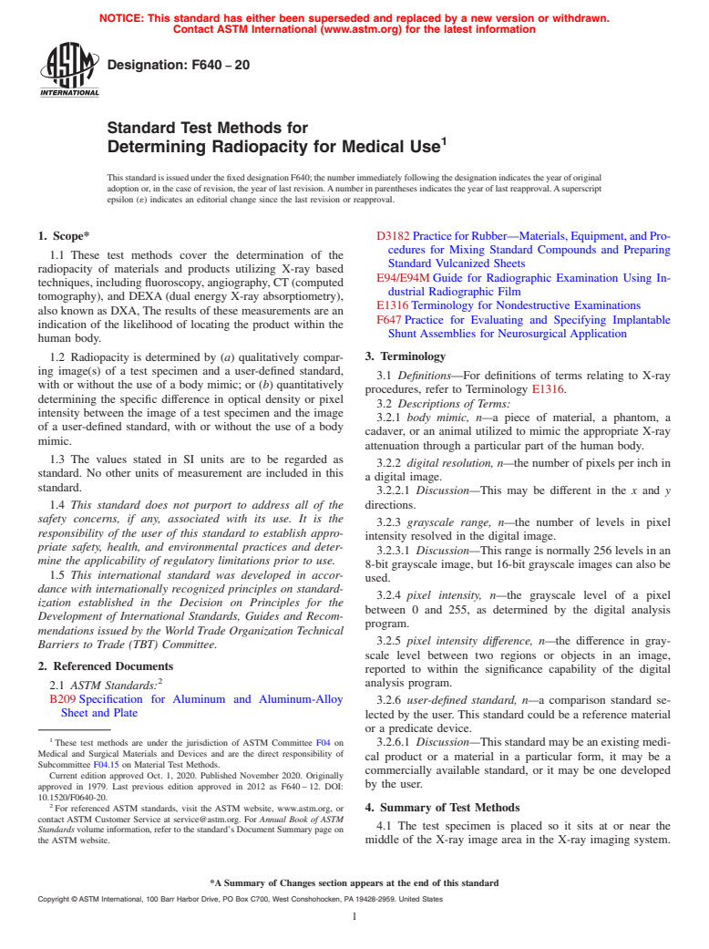 ASTM F640-20 - Standard Test Methods for Determining Radiopacity for Medical Use