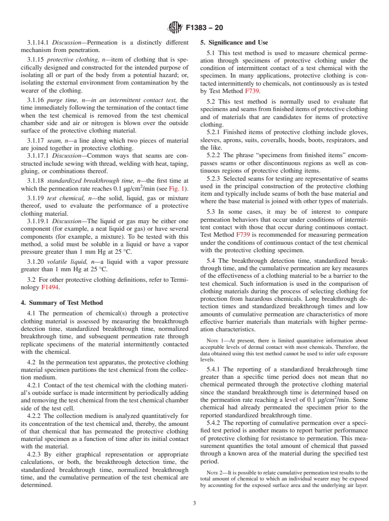 ASTM F1383-20 - Standard Test Method for Permeation of Liquids and Gases Through Protective Clothing  Materials Under Conditions of Intermittent Contact