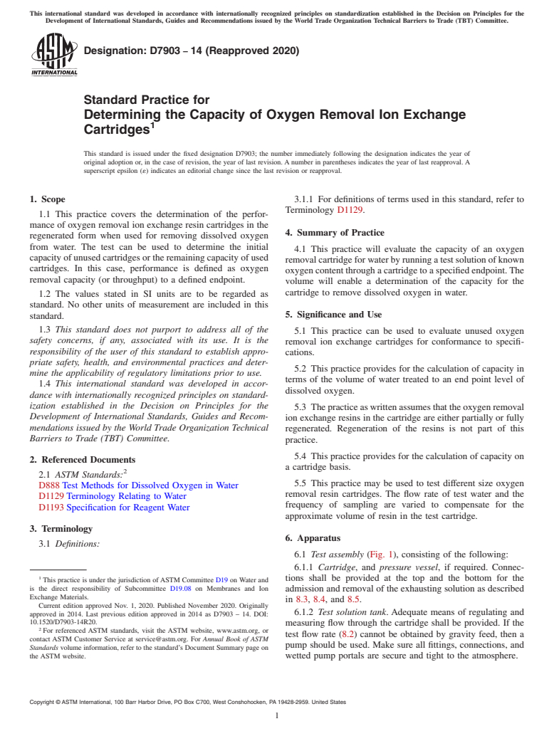 ASTM D7903-14(2020) - Standard Practice for Determining the Capacity of Oxygen Removal Ion Exchange Cartridges