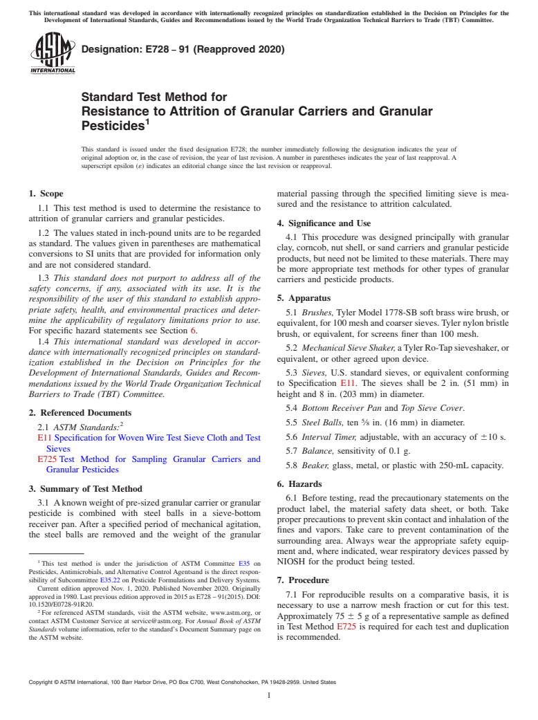 ASTM E728-91(2020) - Standard Test Method for Resistance to Attrition of Granular Carriers and Granular Pesticides