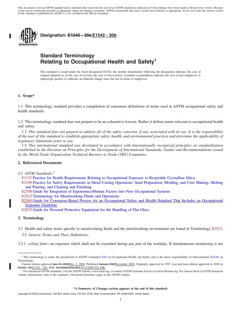 REDLINE ASTM E1542-20b - Standard Terminology Relating to Occupational Health and Safety