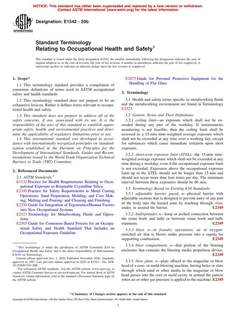 ASTM E1542-20b - Standard Terminology Relating to Occupational Health and Safety