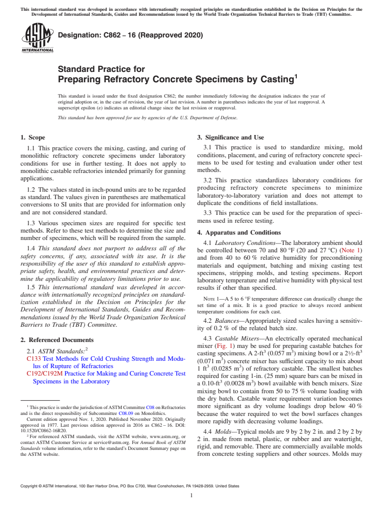 ASTM C862-16(2020) - Standard Practice for Preparing Refractory Concrete Specimens by Casting