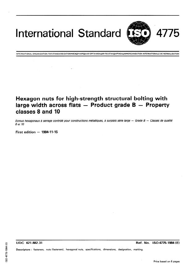 ISO 4775:1984 - Hexagon nuts for high-strength structural bolting with large width across flats -- Product grade B -- Property classes 8 and 10