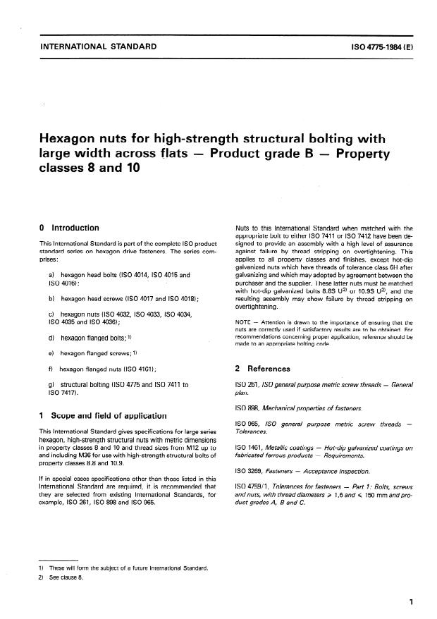 ISO 4775:1984 - Hexagon nuts for high-strength structural bolting with large width across flats -- Product grade B -- Property classes 8 and 10