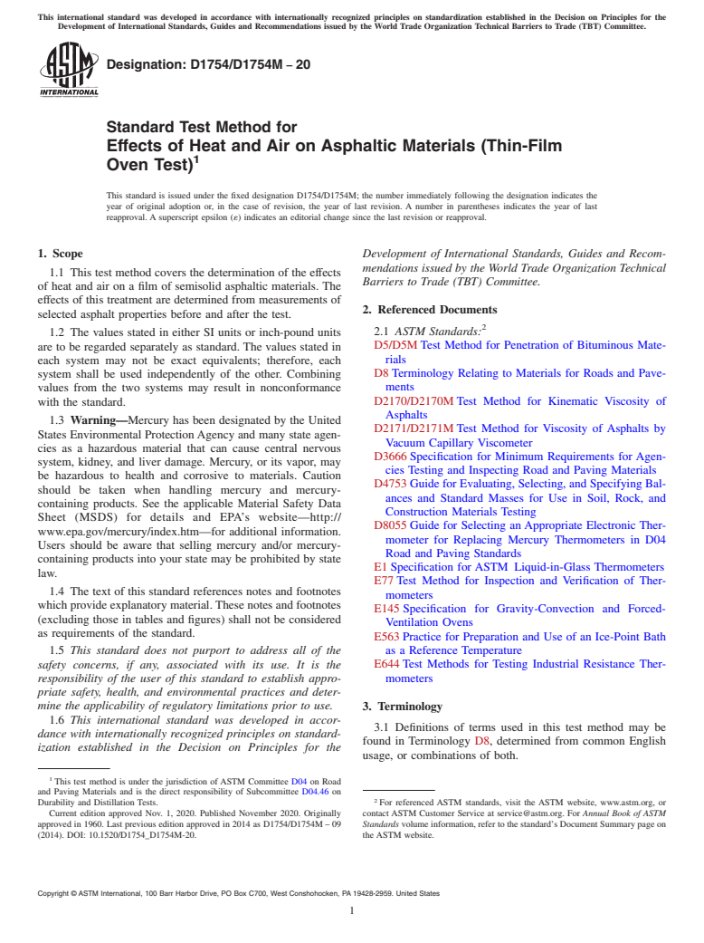 ASTM D1754/D1754M-20 - Standard Test Method for Effects of Heat and Air on Asphaltic Materials (Thin-Film Oven  Test)