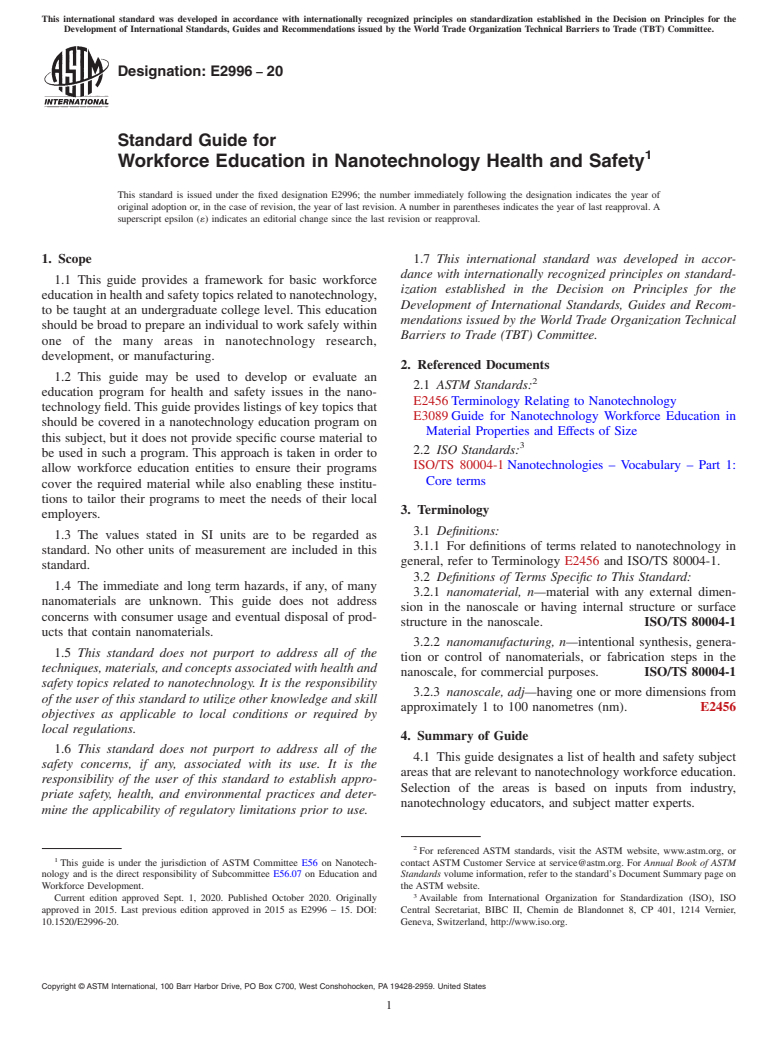 ASTM E2996-20 - Standard Guide for Workforce Education in Nanotechnology Health and Safety