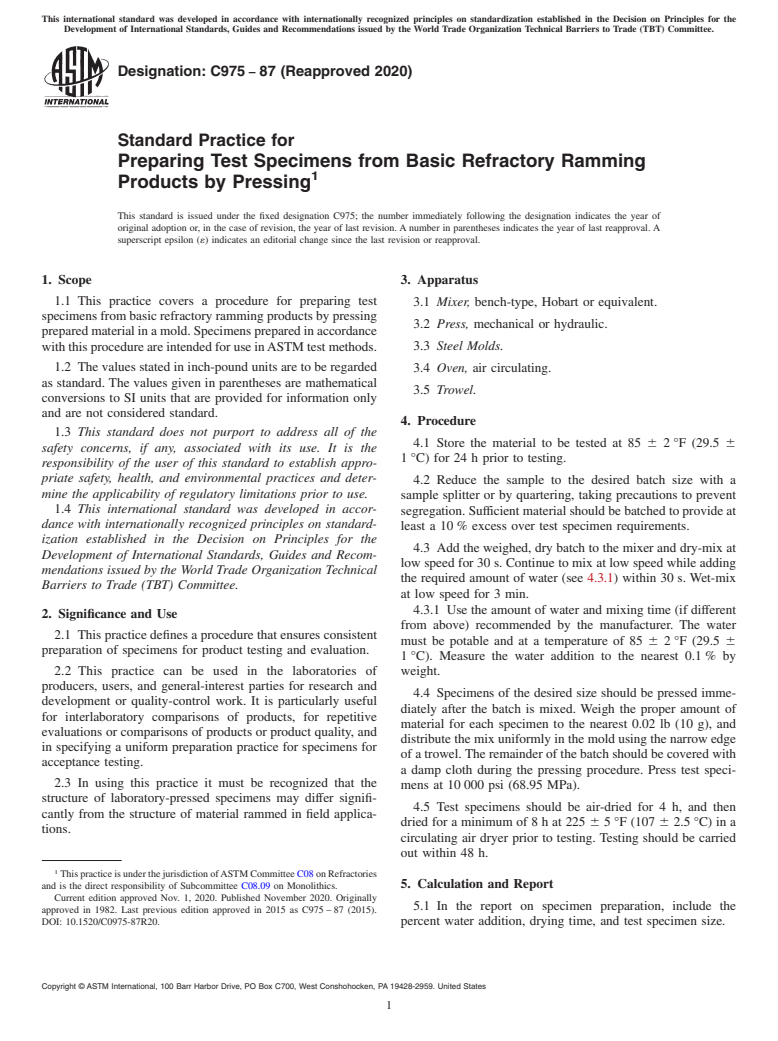 ASTM C975-87(2020) - Standard Practice for Preparing Test Specimens from Basic Refractory Ramming Products  by Pressing