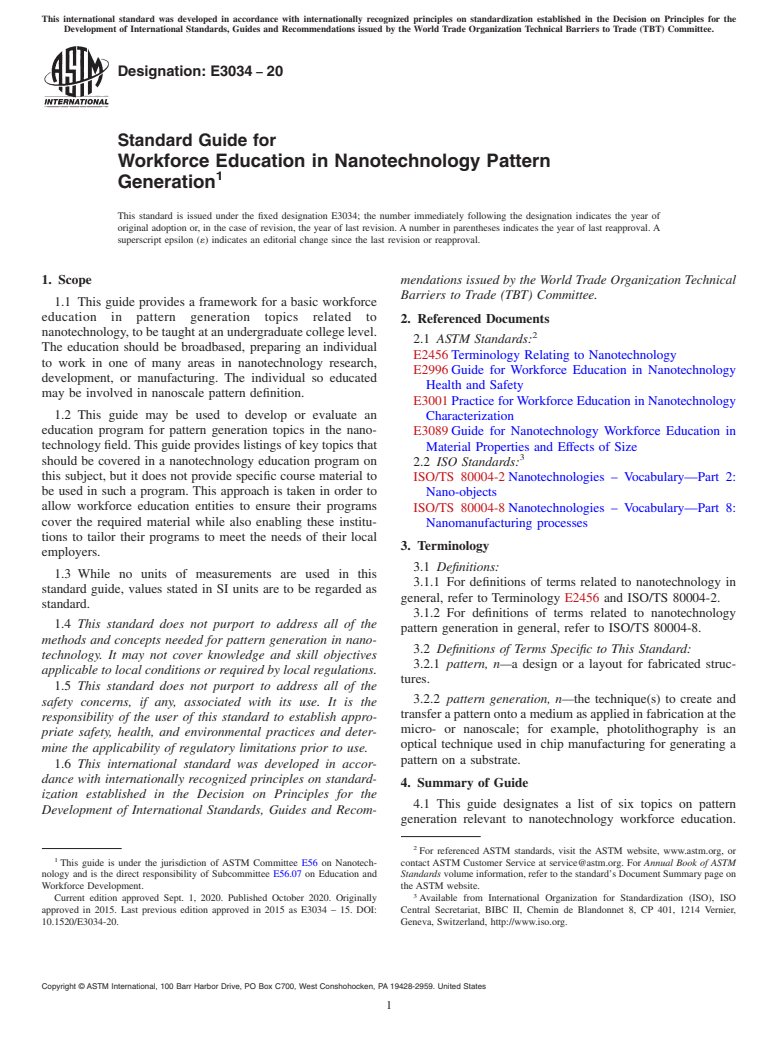 ASTM E3034-20 - Standard Guide for Workforce Education in Nanotechnology Pattern Generation