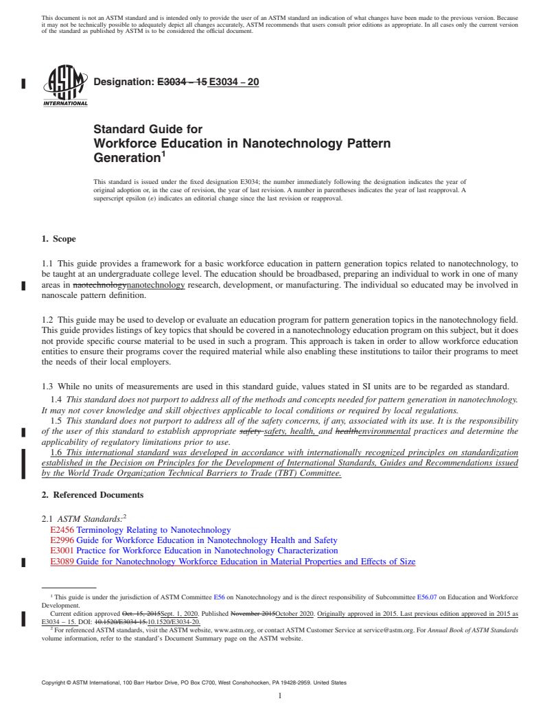 REDLINE ASTM E3034-20 - Standard Guide for Workforce Education in Nanotechnology Pattern Generation