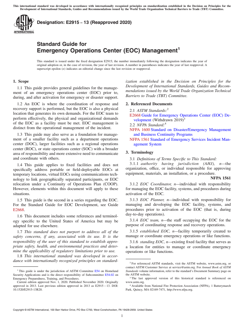 ASTM E2915-13(2020) - Standard Guide for Emergency Operations Center (EOC) Management