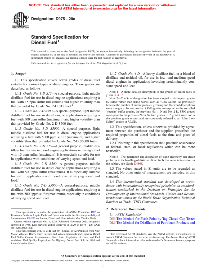 ASTM D975-20c - Standard Specification for Diesel Fuel