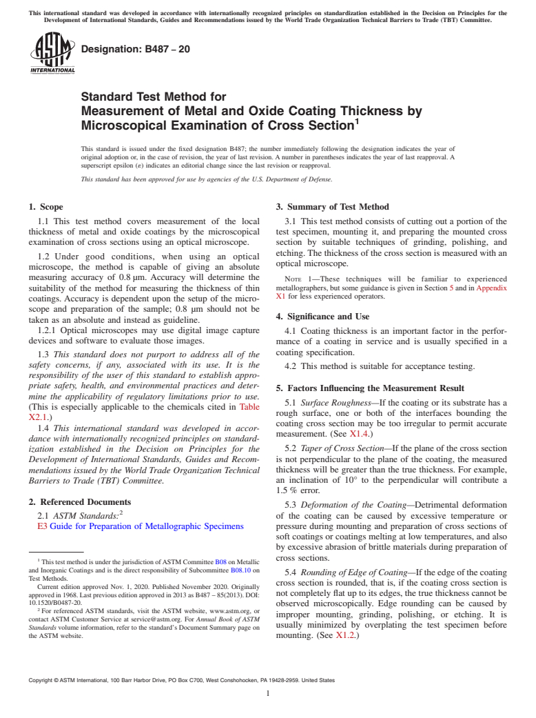 ASTM B487-20 - Standard Test Method for  Measurement of Metal and Oxide Coating Thickness by Microscopical  Examination of Cross Section
