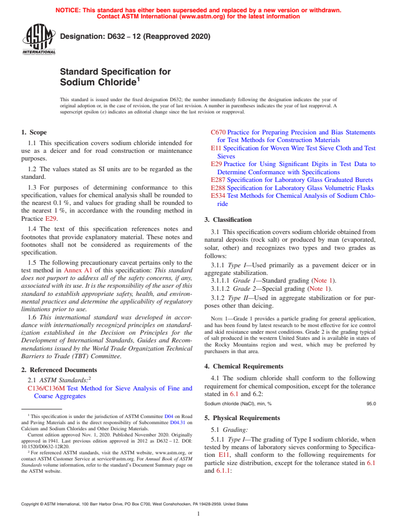 ASTM D632-12(2020) - Standard Specification for Sodium Chloride