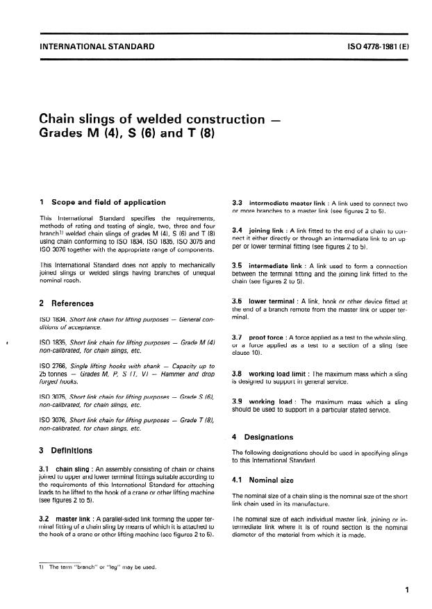 ISO 4778:1981 - Chain slings of welded construction -- Grades M (4), S (6) and T (8)