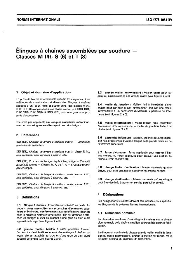 ISO 4778:1981 - Élingues a chaînes assemblées par soudure -- Classes M (4), S (6) et T (8)